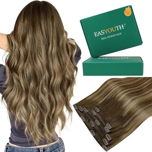 Easyouth Clip in Extensions Real Human Hair Balayage Natural Hair Extensions Clip ins Dark Brown Fading to Caramel Blonde Mix Brown Clips in Real Hair Extension for Women 5Pcs 80g 16 Inch