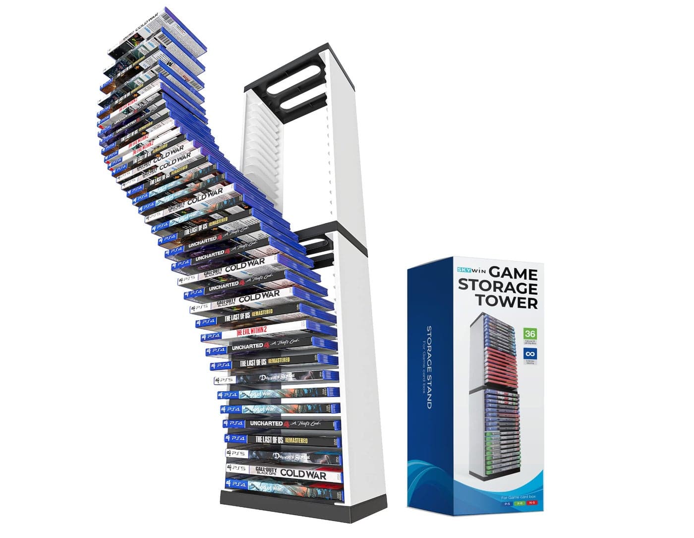 Skywin Video Game Storage Stand Tower Video Game Storage Organizer for PS5 PS4 PS3 Xbox Series S XXbox one Game Universal Game Disc Holder 36 CD Storage Disk Tower for PS White