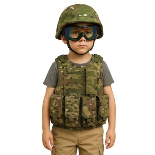 FancyDressWale Kids Army Camouflage Helmet & Vest Set with Goggles – Soldier Costume Dress for Fancy Dress, School Events & Role Play (5-12 Years)