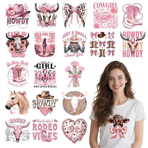 Shejdgart Dtf Transfers Ready to Press 20 Pcs Western Cowgirl Iron on Patches for TShirts Pink Coquete Bow Heat Transfer Designs Vinyl Stickers for Women Iron on Decals for DIY Clothes Bags