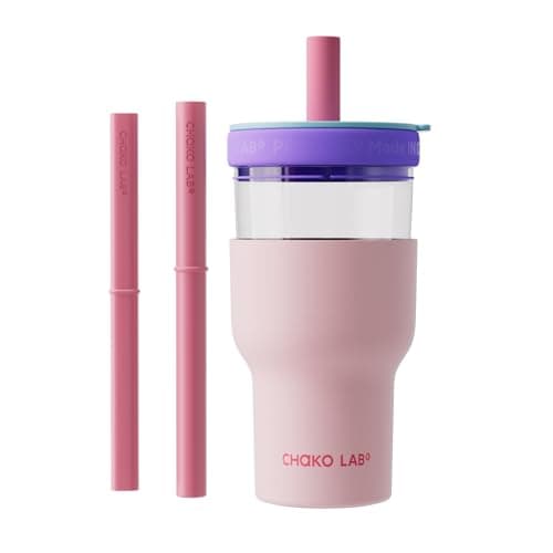 CHAKO LAB Insulated Stainless Steel Water Bottle Duallayer tumbler with Glass Linner and Stainsteel Linner BPAFree Leak Proof Thermos 20oz Bottle with Two Straw Pink Purple