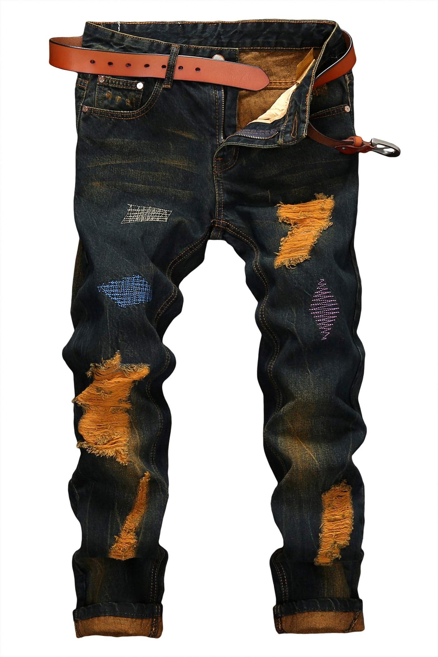 Mens Straight Slim Fit Ripped Distressed Jeans Pants Dark 05162 32