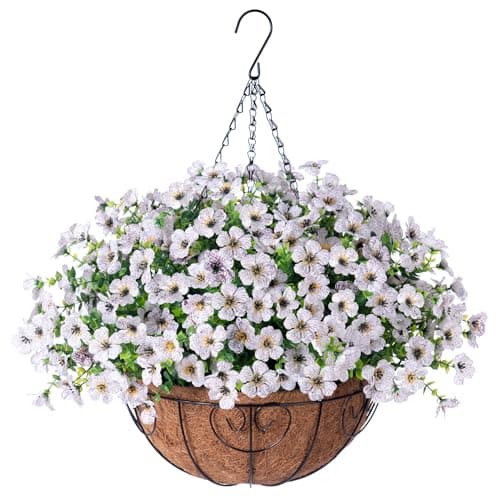 HyeFlora Artificial Fake Hanging White Plants Flowers Basket for Outdoor Fall Winter, Faux Silk Daisy in Planter Realistic UV Resistant for Christmas Outside Porch Home Patio Balcony Yard Decoration