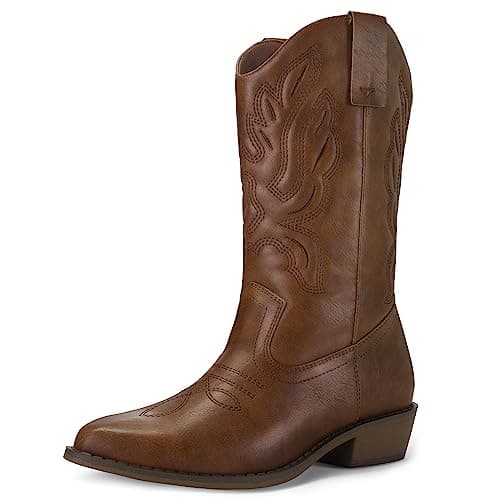mysoft Women's Western Cowboy Boots Embroidered Mid-Calf Pointed Toe Cowgirl Boot