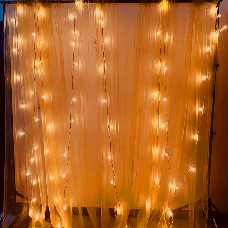Selibration Beige Decoration Backdrop Net Hanging Curtain Cloth for Romantic Dinner & Birthday Parties Valentines Day Haldi & Mahndi Party with LED (Pack of 2 Pieces)