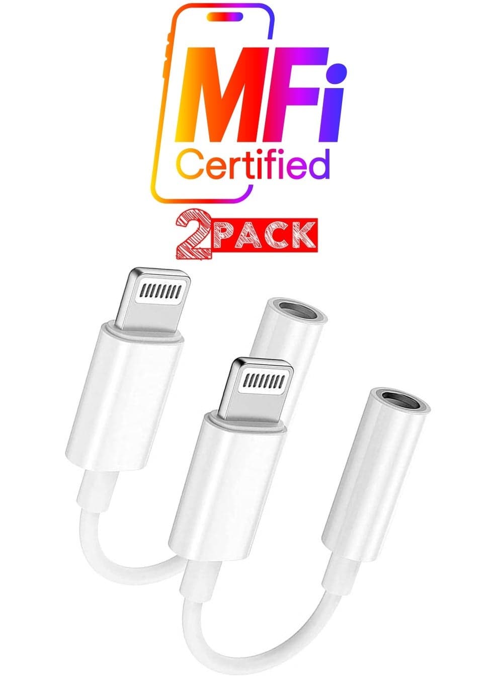 2-Pack Lightning to 3.5mm AUX Jack Adapter for iPhone – White, Headphone Converter Cable(+1)