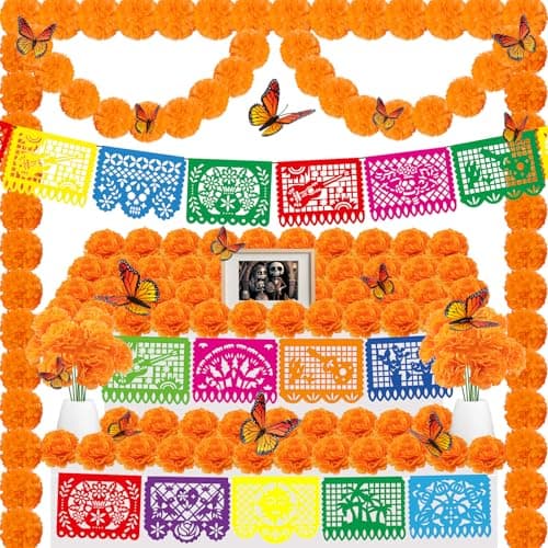 94Pcs Day of The Dead Decorations Set18 Mexican Party Banners Papel Picado 2 Artificial Marigold Garland 50 Marigold Flowers with Stem 24 Butterfly for Dia De Los Muertos Indian Diwali Altar Decor