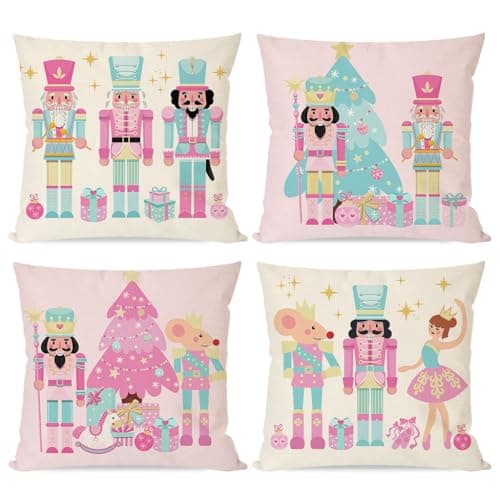 PANDICORN Pink Christmas Pillow Covers 18x18 Set of 4 Nutcracker Christmas Decor Pastel Candyland Colorful Xmas Decorations Indoor Winter Holiday Throw Pillow Cases for Home Bedroom Sofa Couch