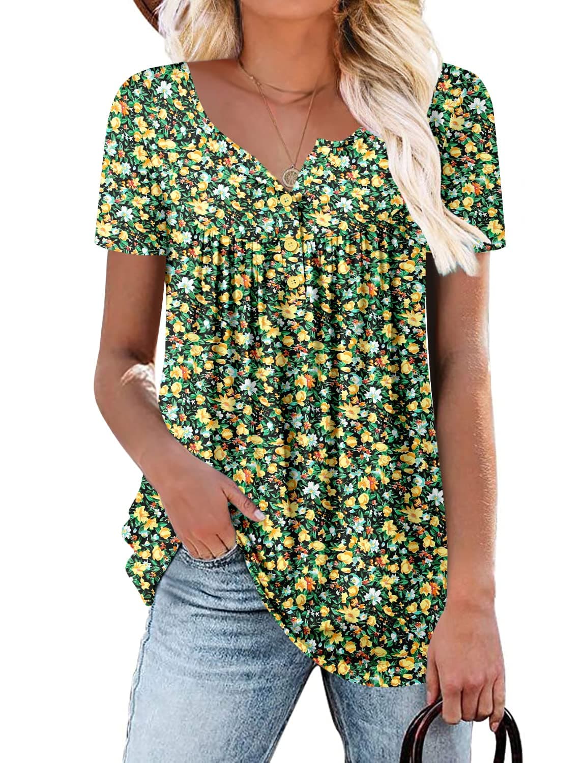 ROSELINLIN Womens Tops Green Short Sleeve Summer Shirts V Neck Floral Pull Over Ladies Tops XL