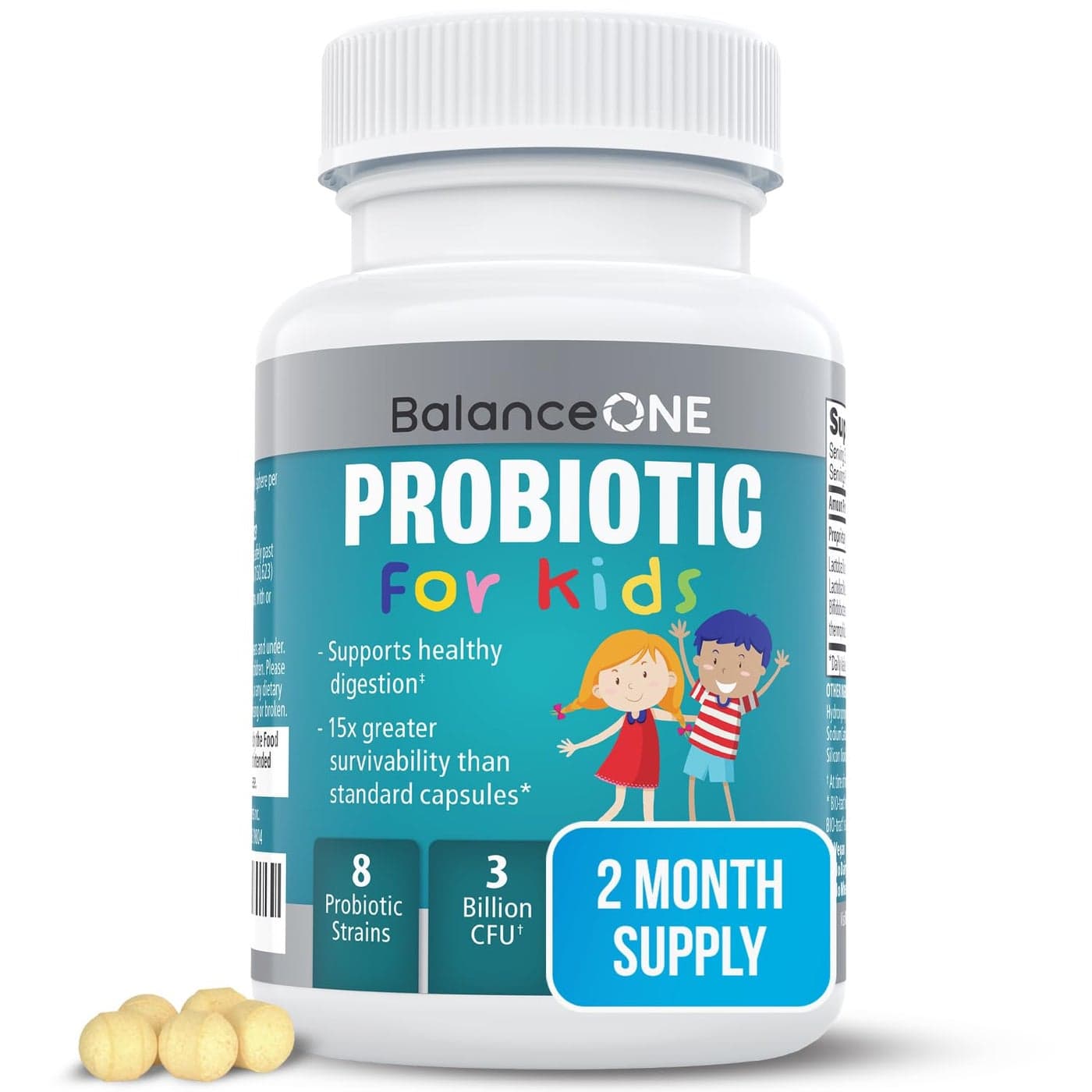 Balance ONE TimeRelease Kids Probiotic Up to 15x Better Survivability 3 Billion CFU Gut Digestive Support for Children Sugar Free Easy to Swallow 2 Month Supply