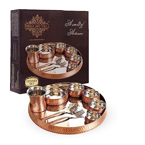 Indian Art Villa Steel Copper Hammered Curved Dinner Set in Antique Dark Finish,9 Pcs., Pack of 1