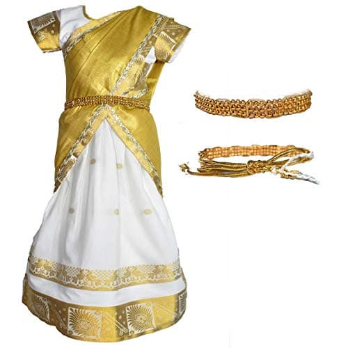 AMIRTHA FASHION Cotton Silk Girls Traditional Readymade Lehenga Choli Rudhura Kerala Half Saree With Waist Belt (7-8 Years_Amfrhsk8_30), White