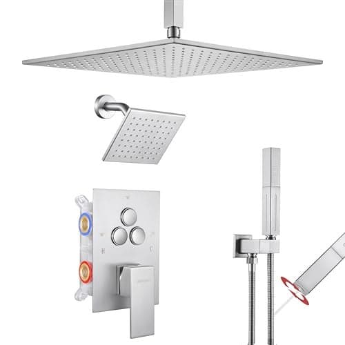 VANFOXLE Shower Faucet Set Brushed Nickel Shower System,Push Button Diverter Shower Faucet with 2 in 1 Handheld,Ceiling Mount Increased Thickness 12 Inch Shower Head with 6 Inch Wall Mount Shower Head
