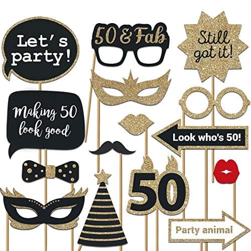 Fully Assembled 50th Birthday Photo Booth Props - Set of 30 - Black & Gold Selfie Signs - 50th Party Supplies & Decorations - Cute Bday Designs with Real Glitter - Did We Mention No DIY