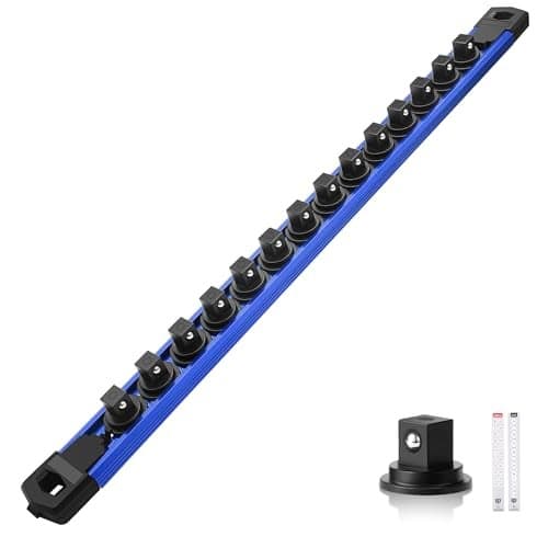 Reniteco Magnetic Socket Organizer 38 Drive Aluminum Alloy Socket Rail Heavy Duty Magnetic Socket Holder with 14PC 360 Swivel Removable Clips Magnetic Socket Rack for Tool Box Drawer Blue
