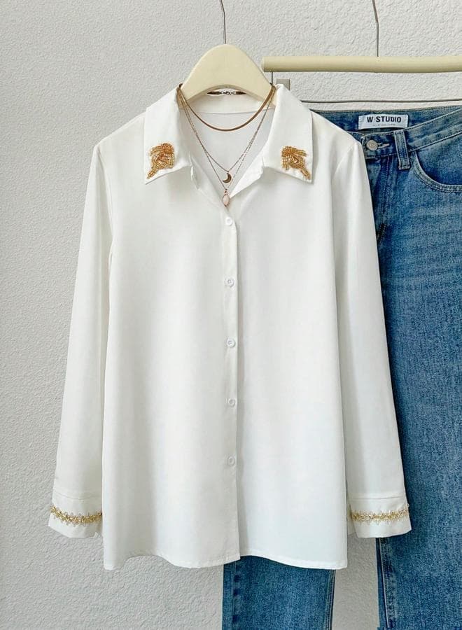 White Embellished Long Sleeve Shirt