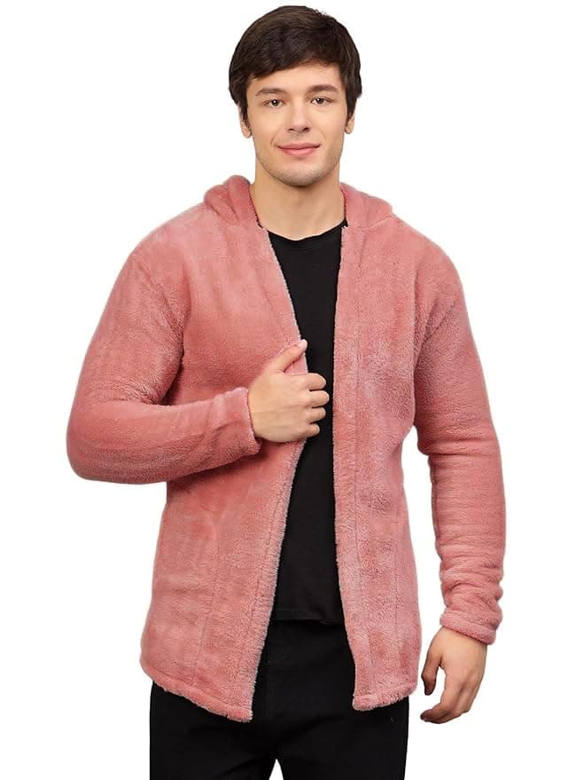 Ben Martin Men's Hooded Cardigan Full Sleeve Fleece Blush Pink Shawl Collar Shrug Open Front Drape Cape Overcoat with Pockets Size Extra Large
