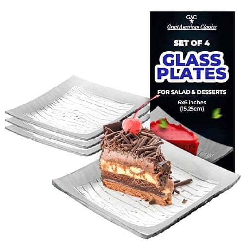 Tempered Glass Dessert Plates – 6 Inch Elegant Square Appetizer Plates, Modern Serving Dishes for Snacks, Salads & Sweets, Durable, Microwave & Dishwasher Safe – Set of 4, Silver Rain Flower