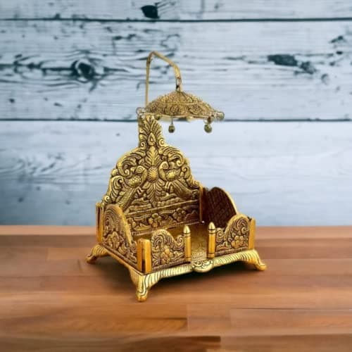 BHAKTI SHRINGAR Metal Singhasan Antique Metal Singhasan for Lord Krishna Idols - Gold Plated Ladoo Gopal Pooja Chowki for Temple Mandir Puja (26 cm)