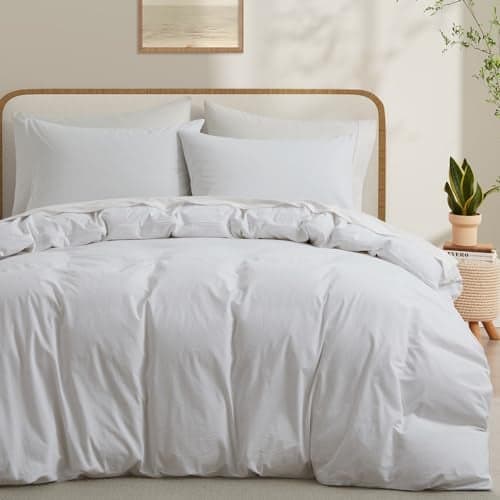LOVQUE 100 Washed Cotton Duvet Cover King Size LinenLike Textured White FadeResistant Bedding Set No Comforter 104x90 Inches