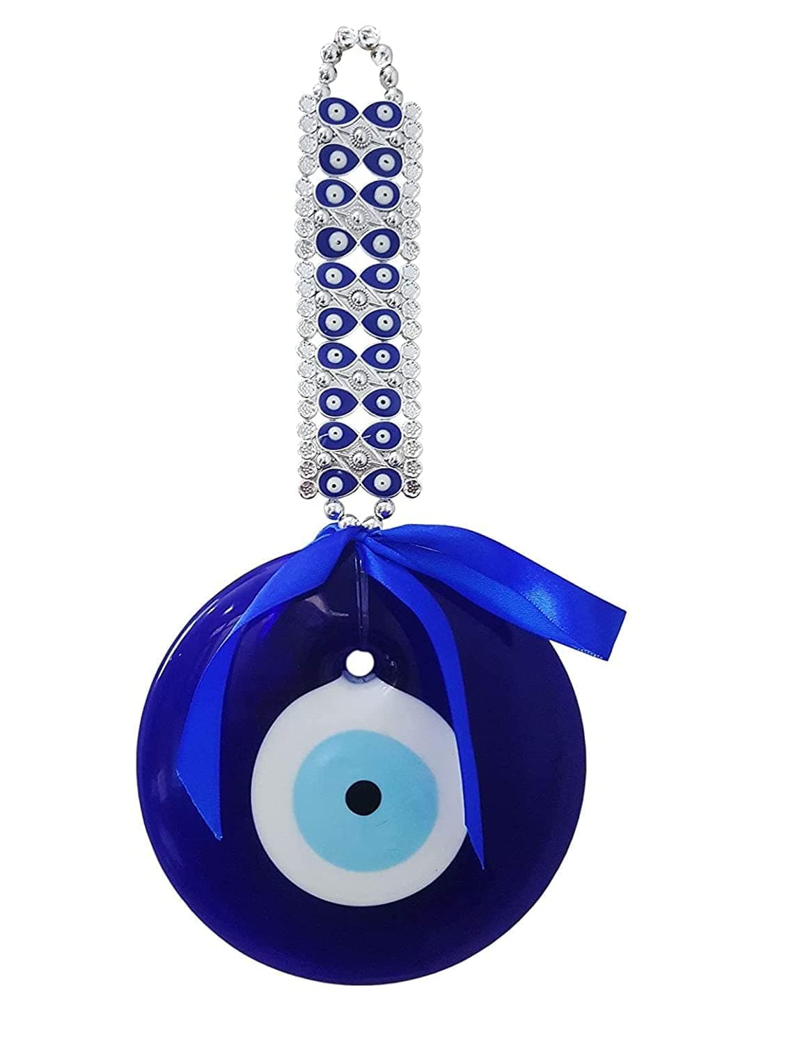 BLUE BEADS Evil Eye Hanging Wall Hanging Feng Shui Vastu Blue Big Glass Evil Eye Door Hanging Nazar Suraksha Protection Good Luck Home/Office (X Large), Turkish Amulet Decoration Home (Silver)