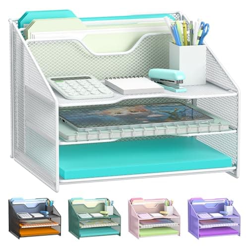 Samstar White Desk File Organizer Mesh Letter File Folder Holder with 3 Paper Trays and 2 Vertical Upright Section for Office Supplies Desk Accessories Workspace White