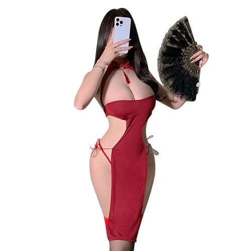 SINMIUANIME Sexy Cosplay Cheongsam Dress Chinese Qipao Traditional Style Anime Lingerie Bodycon Costume Babydoll Nightgown (8314Red, one size)