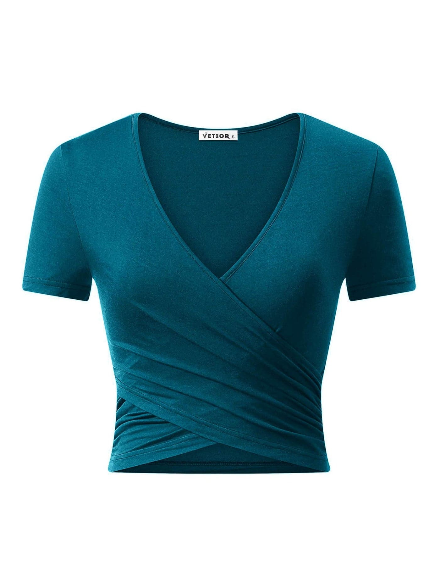 VETIOR Short Sleeve V Neck Crop Top, Going Out Tops Fitted Summer Wrap Shirt for Women Teal