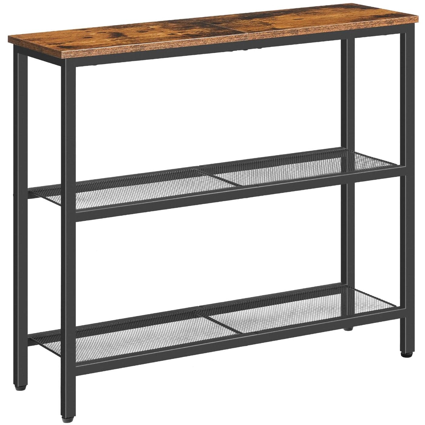 HOOBRO Console Table for Hallway Slim Narrow Console Table Hallway Table with 3 Shelves Slim Sofa Table for Small Spaces Living Room Metal Mesh Frame Rustic Brown and Black EBF73XG01