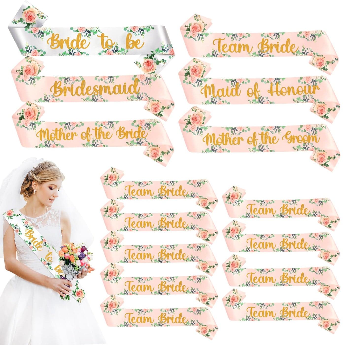 Yueshop 15 PCS Hen Party Floral Sashes Team Bride Sash Satin Hen Do Bachelorette Sashes BridesmaidMaid of HonourMother of the BrideMother of the Groom Golden Letter for Wedding Hen Do Accessories