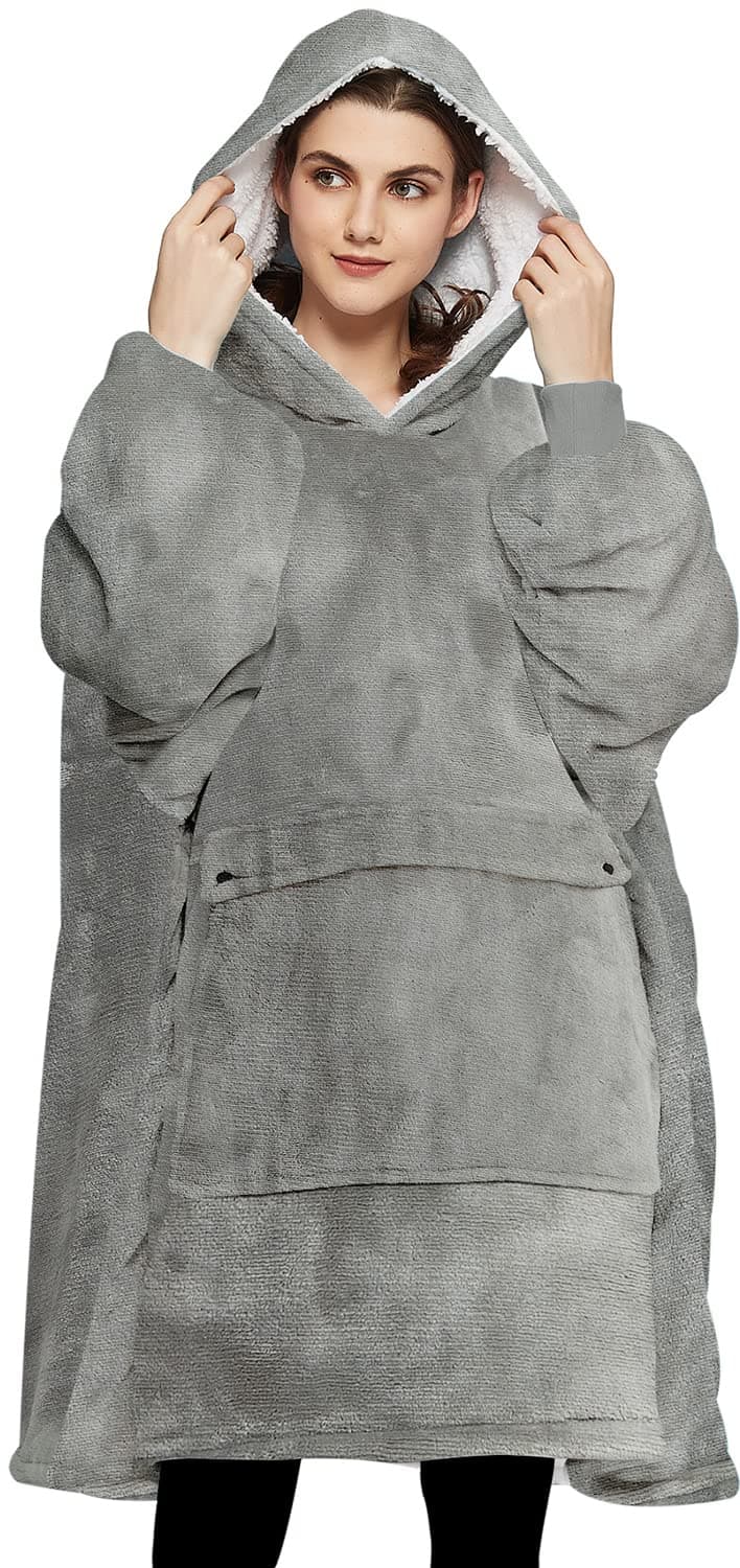 KFUBUO Wearable Blanket Hoodie for Adults Sherpa All Patterns Oversized Sweatshirt Blanket with Pockets Gifts for Mom Grey
