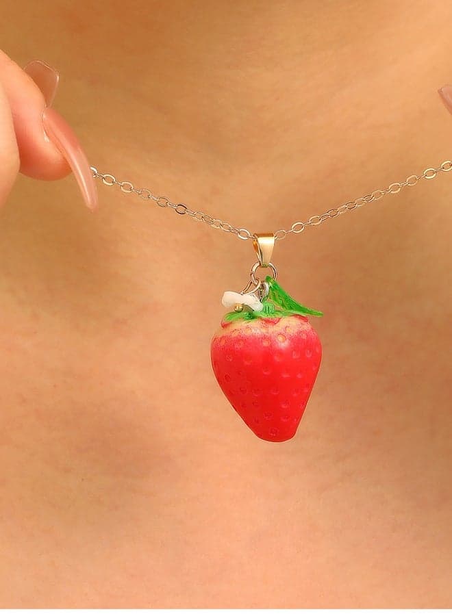 Cute Red Strawberry Pendant Necklace with Green Leaf and Small White Flower Charm Silver Tone Chain Sweet Dainty Jewelry Gift for Women/Girls, Party, Wedding, Daily Wear, Valentine's Gift