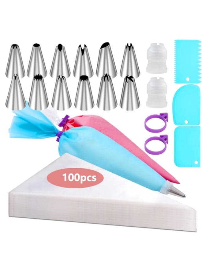 Piping Bags and Tips Set, Reusable Cake Decorating Supplies Including Piping Bags, Frosting Piping Kit for Baking with Pastry Bags and Tips, Standard Converters, Silicone Rings, Cake Baking Tools Supplies for Cookie Icing, Cupcake