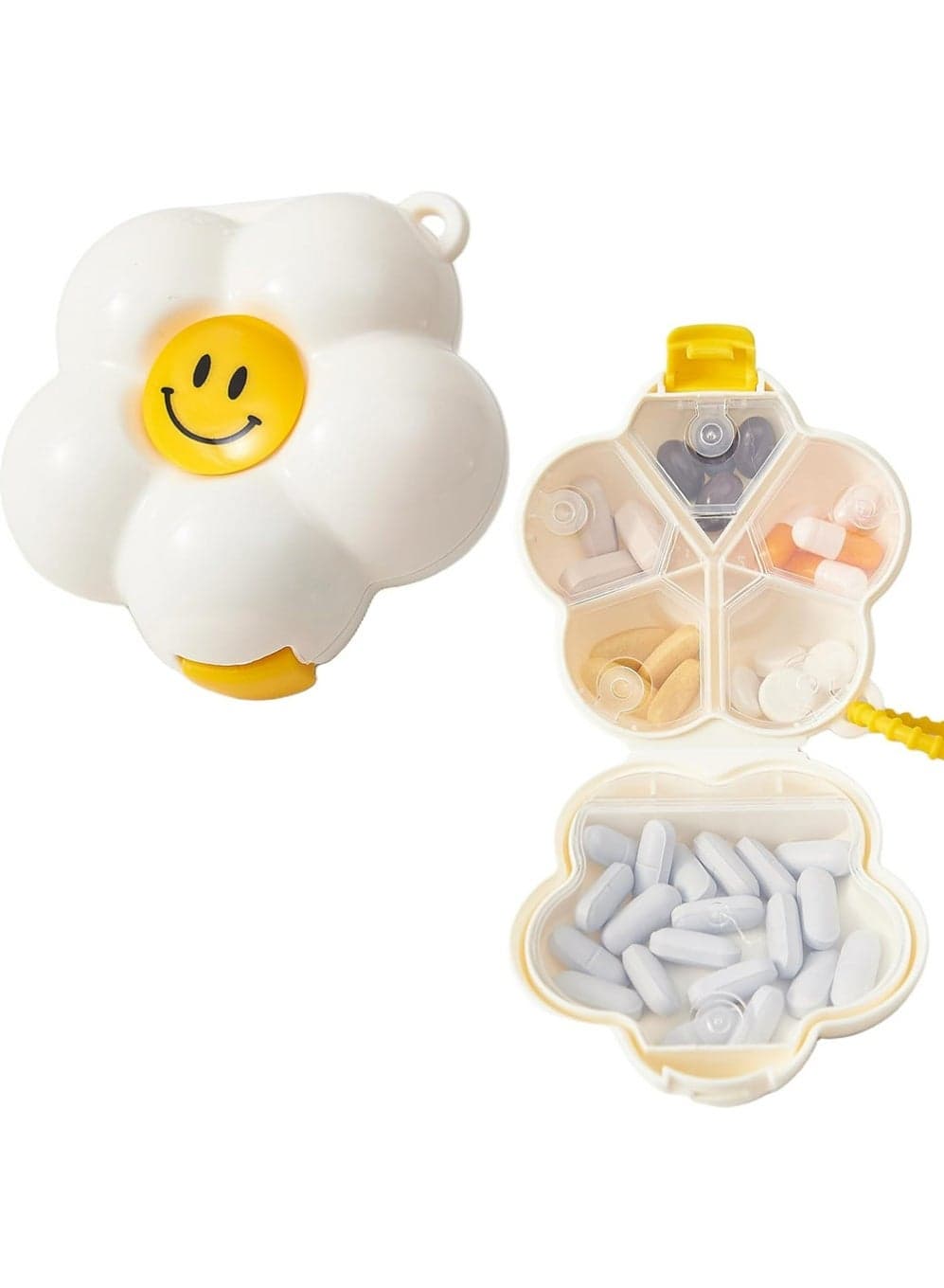 2 Pack Creame White Floral Smiley Pill Organizer, Weekly u0026 Daily Medicine Pill Box with 6 Compartments, Travel Pill Case for Purse