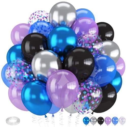 Froova Black Blue and Purple Balloons 12 Inch Metallic Blue Purple Black and Silver Confetti Balloons for Kids Boys Outer Space Astronaut Birthday Baby Shower Video Game Party Decorations
