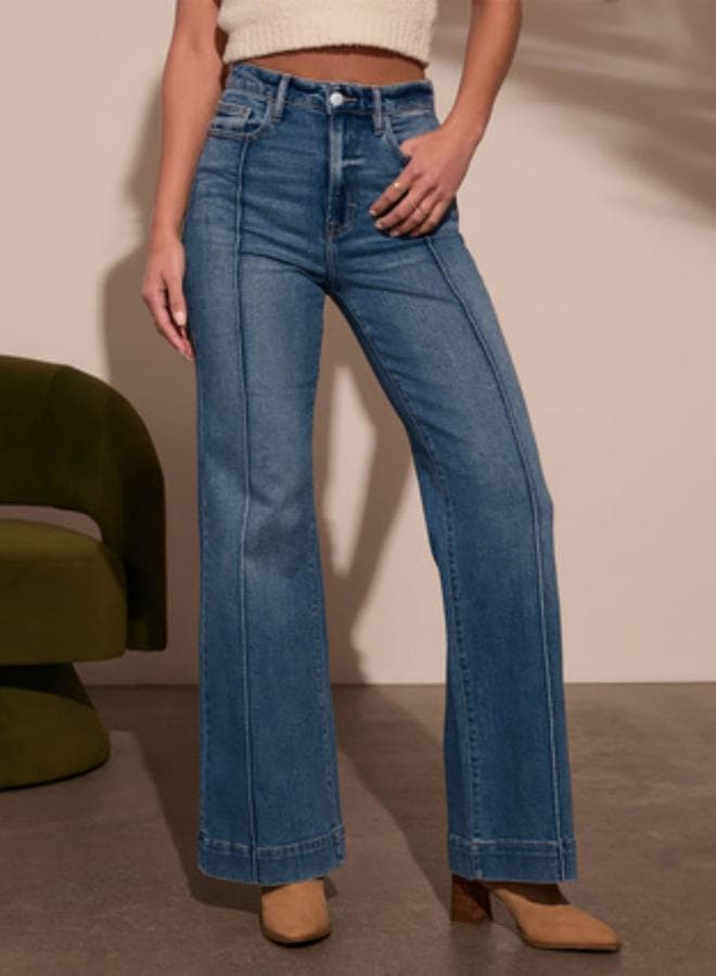 Women High Rise Front Pintuck Straight Leg Jeans