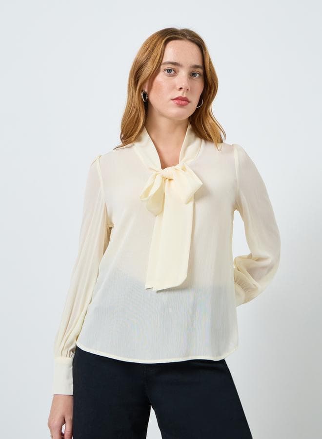 Women Solid Tie-up Neck Long Sleeve Chiffon Top