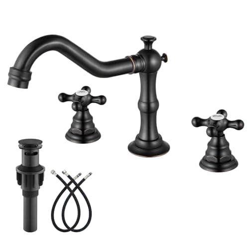 gotonovo Bathroom Faucet 3 Hole 8 Inch Widespread Bathroom Sink Faucet 2 Cross Handles Vintage Lavatory Vanity Mixer Tap with Pop Up Drain, Round Font Label, Oil-Rubbed Bronze