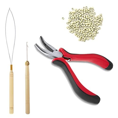 Hair Extension Tool Kit Bead Device Tool Silicone Lined Links Beads Curved Hair Plier for Tinsel and Feather Hair Extensions or Removal Beige
