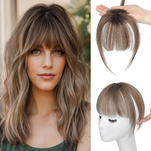 Ms Taj 360 Cover Clip in Bangs Real Human Hair Ombre Brown Natural Look Clip in Hair Extensions for Women Fake Bangs for Daily Use