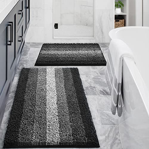 Gibelle Black Bathroom Rug Set 2 Piece Chenille Non Slip Bath Mat Set Absorbent Shower Rug and Bath Room Floor Mats Quick Dry Bathmat Bathroom Decor Accessories for Tub 16 x 24 20 x 32
