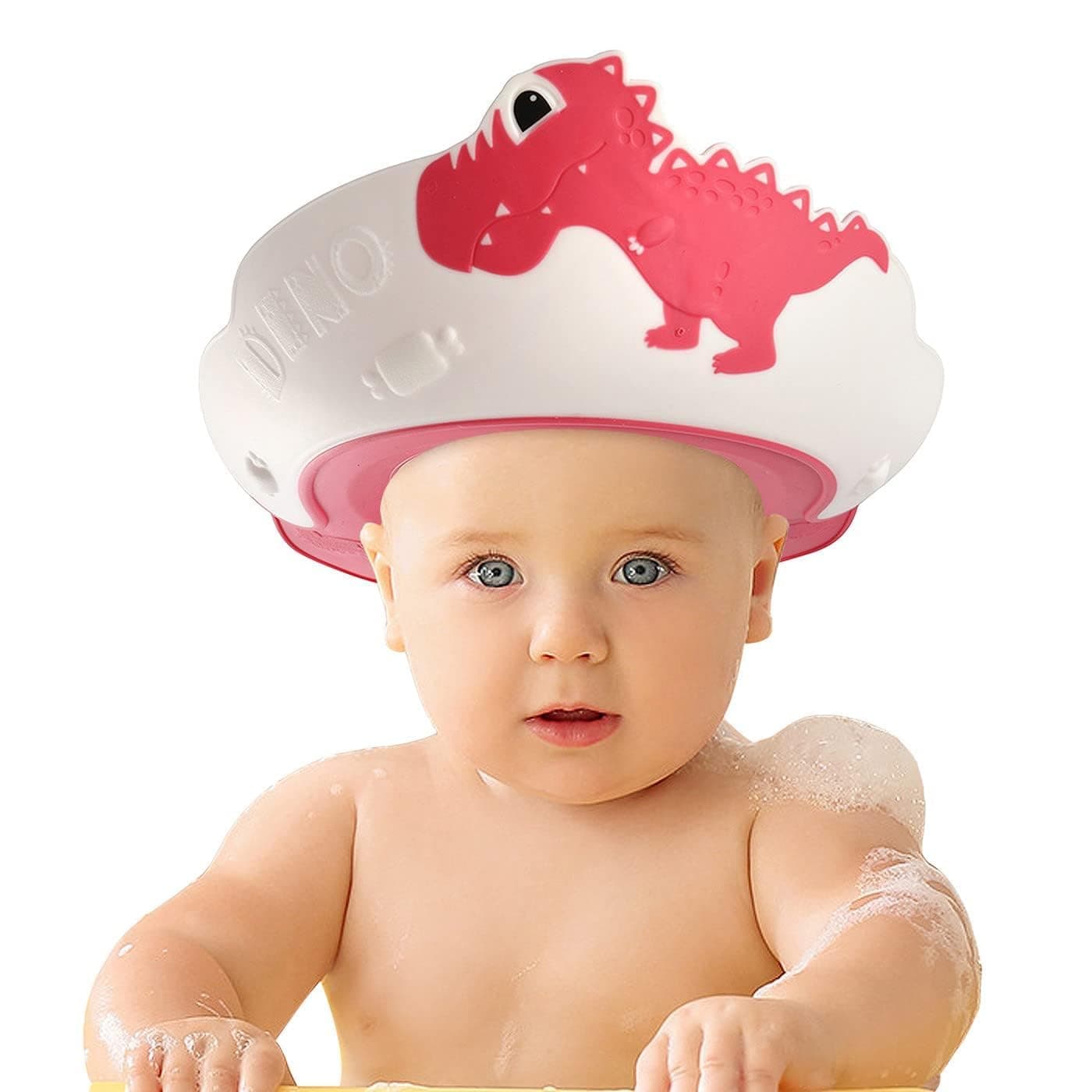 FUNUPUP Baby Shower Cap for Kids Baby Bath Shampoo Visor Cap Hair Washing Shield Adjustable Silicone Bath Hat for Toddler Girls and Boys DinosaurRed
