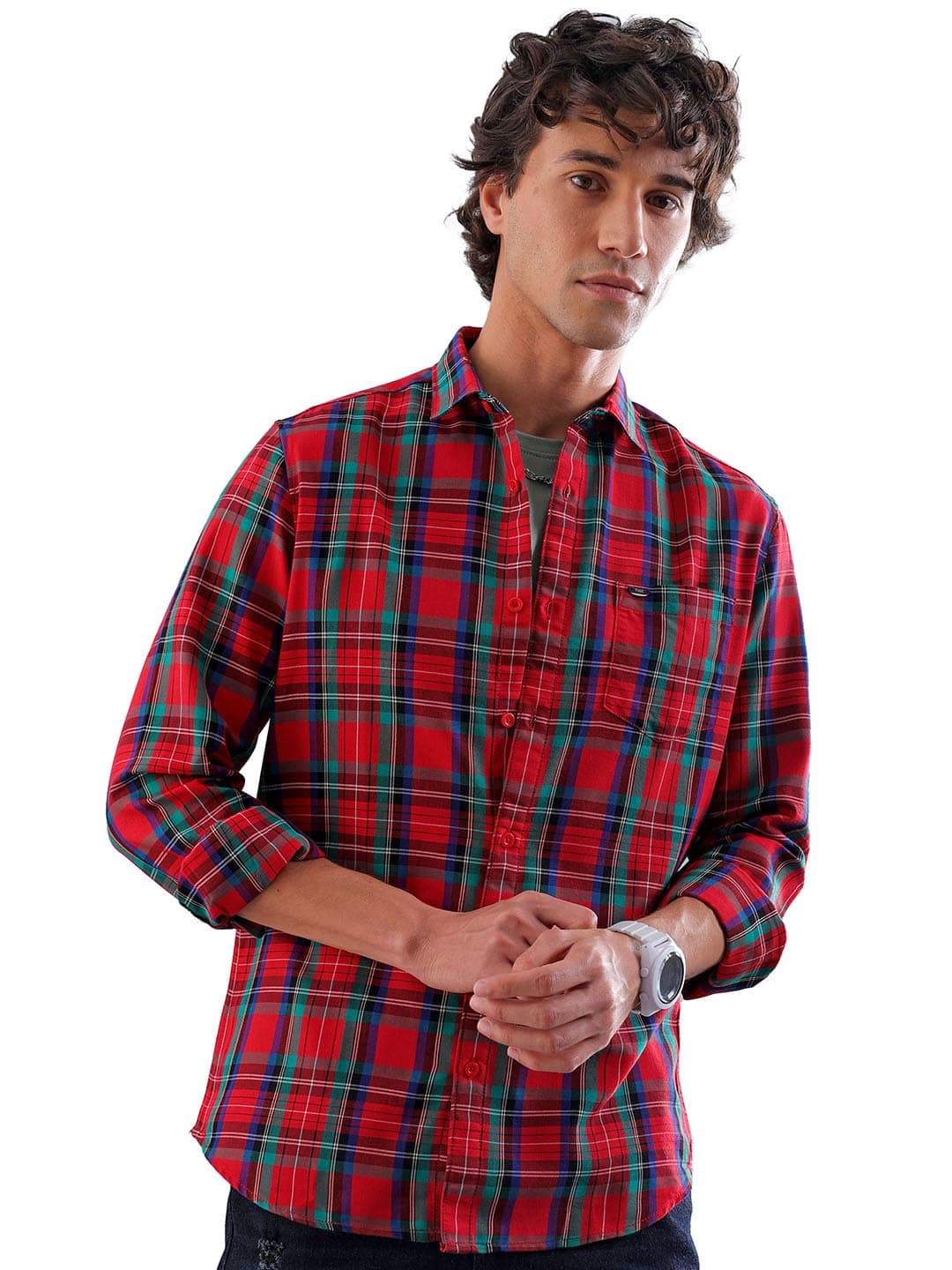 The Indian Garage Co Men Slim Fit Checked Casual Shirt (Red_XL)