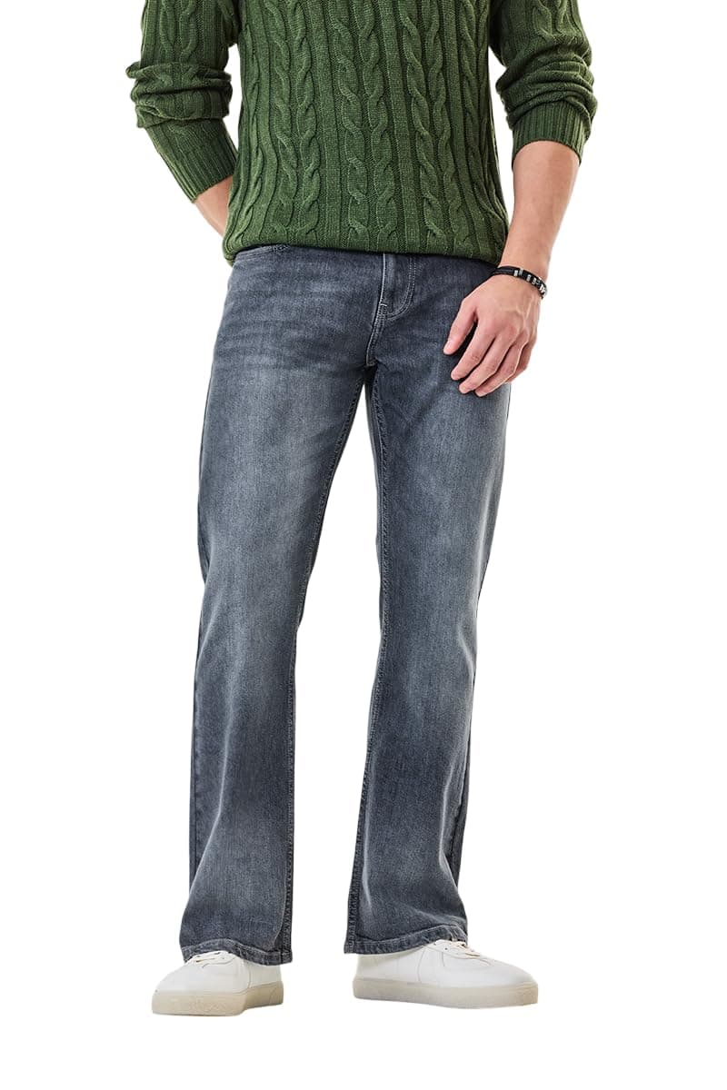 SNITCH Men Casual Dark Grey Jeans | Bootcut Fit Washed Denim with Turned-Up Hem | Durable Cotton Blend & Medium Stretch Fabric for All-Season Versatile Wear