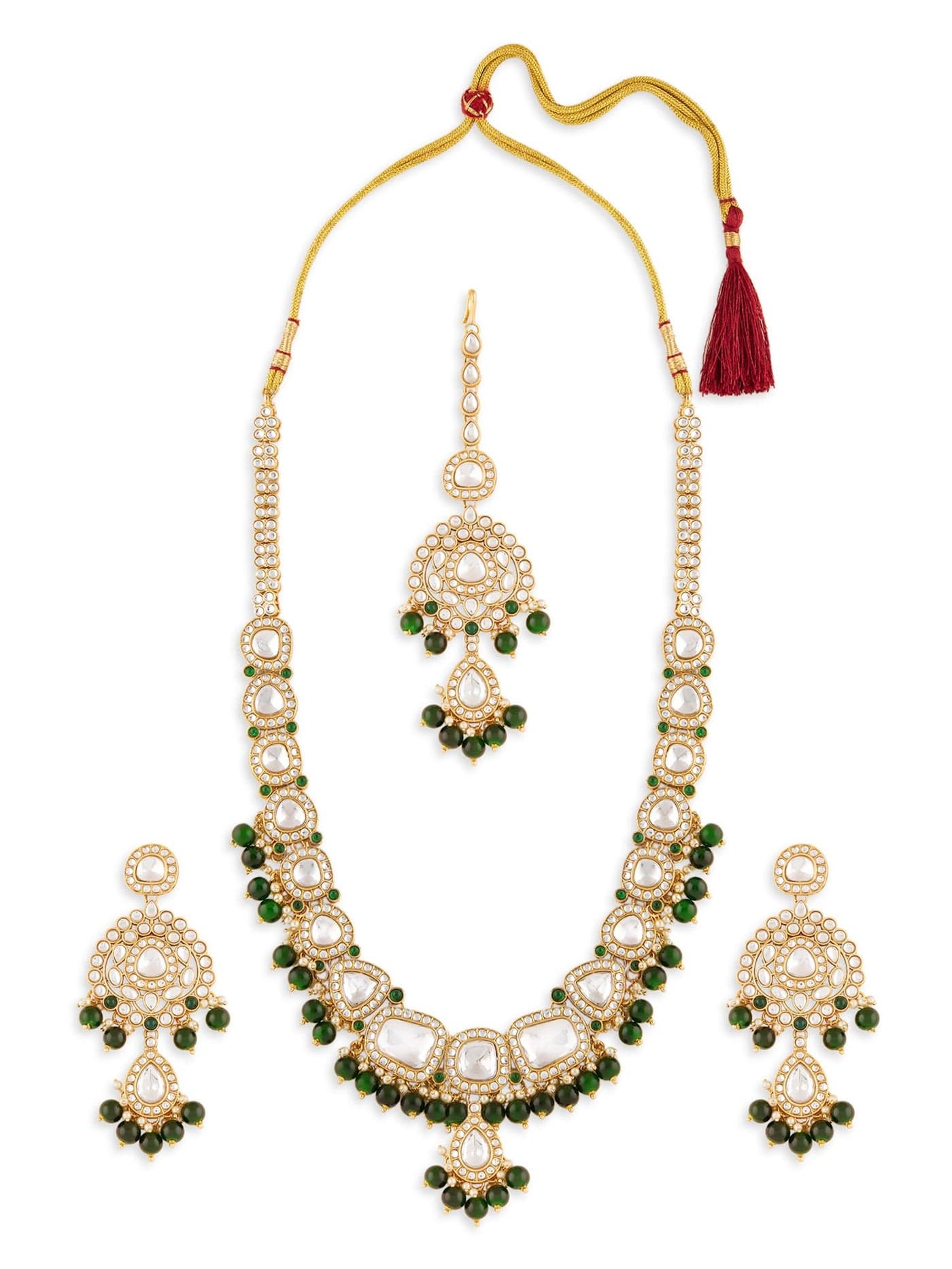 ZAVERI PEARLS Green Beads Drop Dazzling Stones Embellished Bridal Necklace Earring & Maangtikka Set For Women-ZPFK21674
