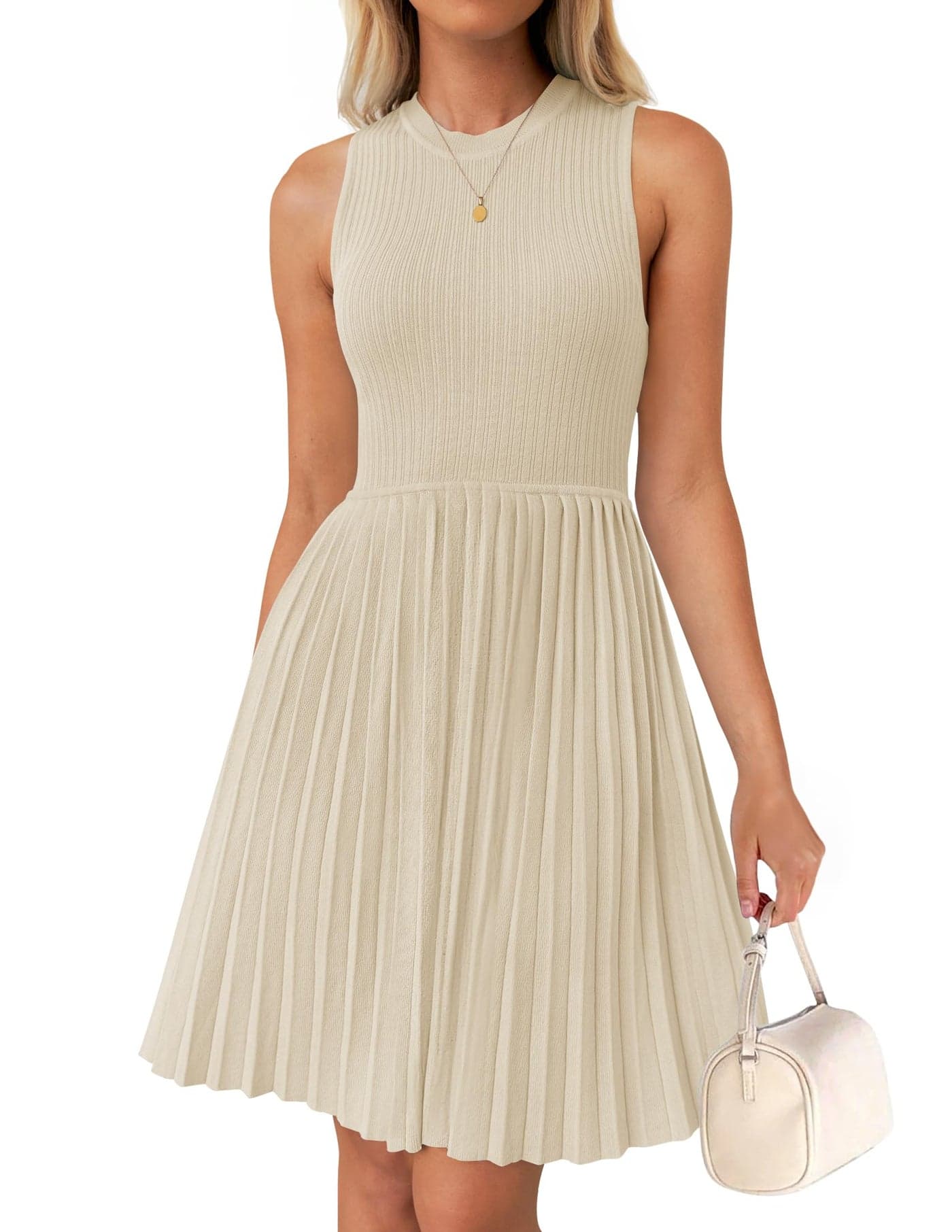 ZESICA Womens Summer Sleeveless Mini Dress 2025 Crewneck Knit A Line Pleated Swing Casual Basic Short DressAlmondLarge