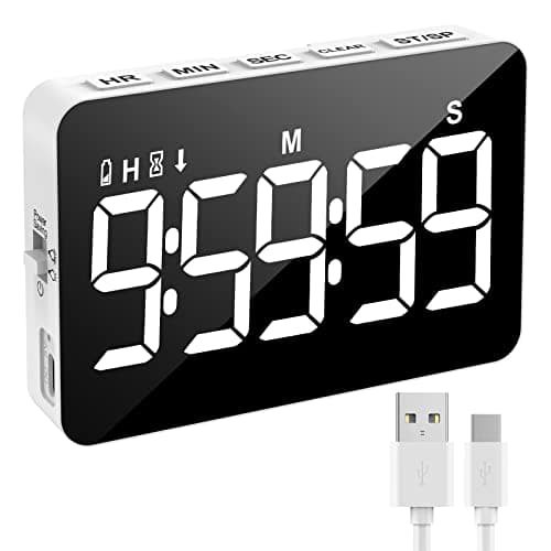 Rechargeable Digital Kitchen Timer for Cooking, Magnetic Timers with Countdown/up, Kids Timer with 5”LED Display 3 Brightness 4 Volume Adjustable for Classroom/Office/Home/Work/Study/Fitness/Game