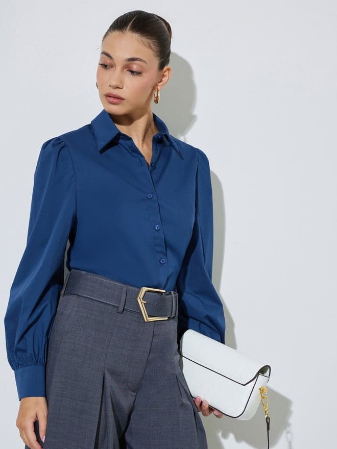 Styli Navy Blue Puff Sleeve Fitted Shirt