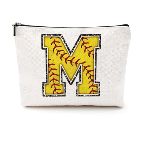 CQM Softball Gifts Initial Makeup Bag Monogrammed Cosmetic Bag Letter M Zipper Pouch Softball Accessories for Girls Women Player Coaches Friend Graduation Birthday Gifts