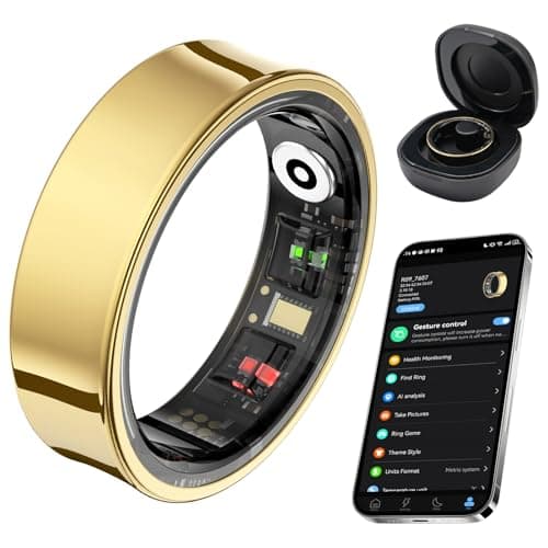 AMOVAN Smart Ring for Women Men, Fitness Tracker Ring with Body Temperature, Heart Rate, Blood Oxygen, Sleep Monitor, Calories, No Subscription Fee, IP68 Waterproof for iPhone & Android (Gold, #9)